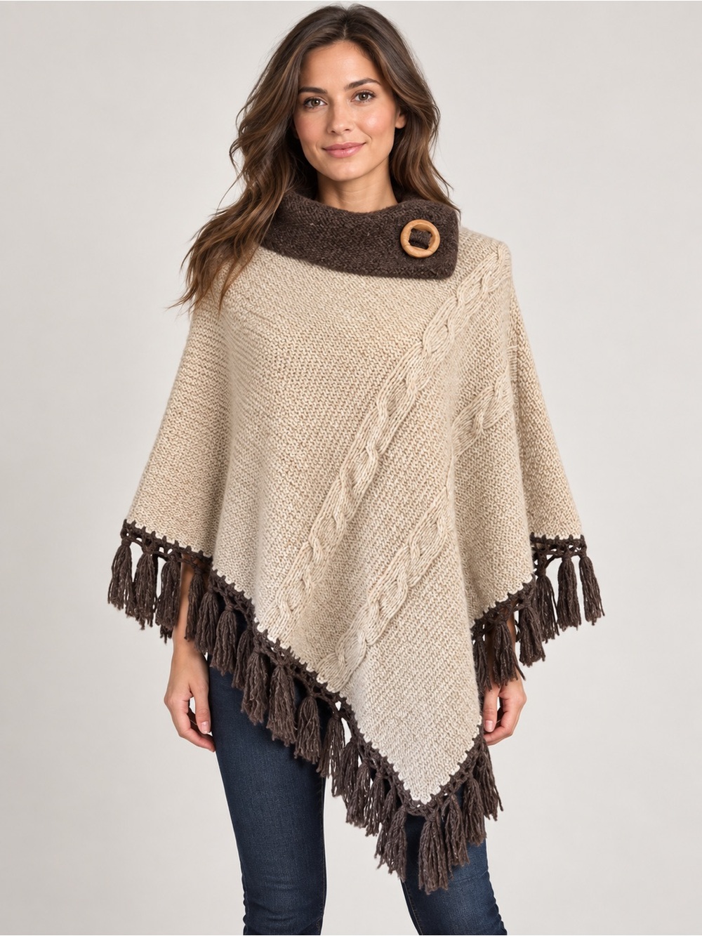 Oatmeal & Brown Cable Knit Fringe Poncho with Wooden Button detail